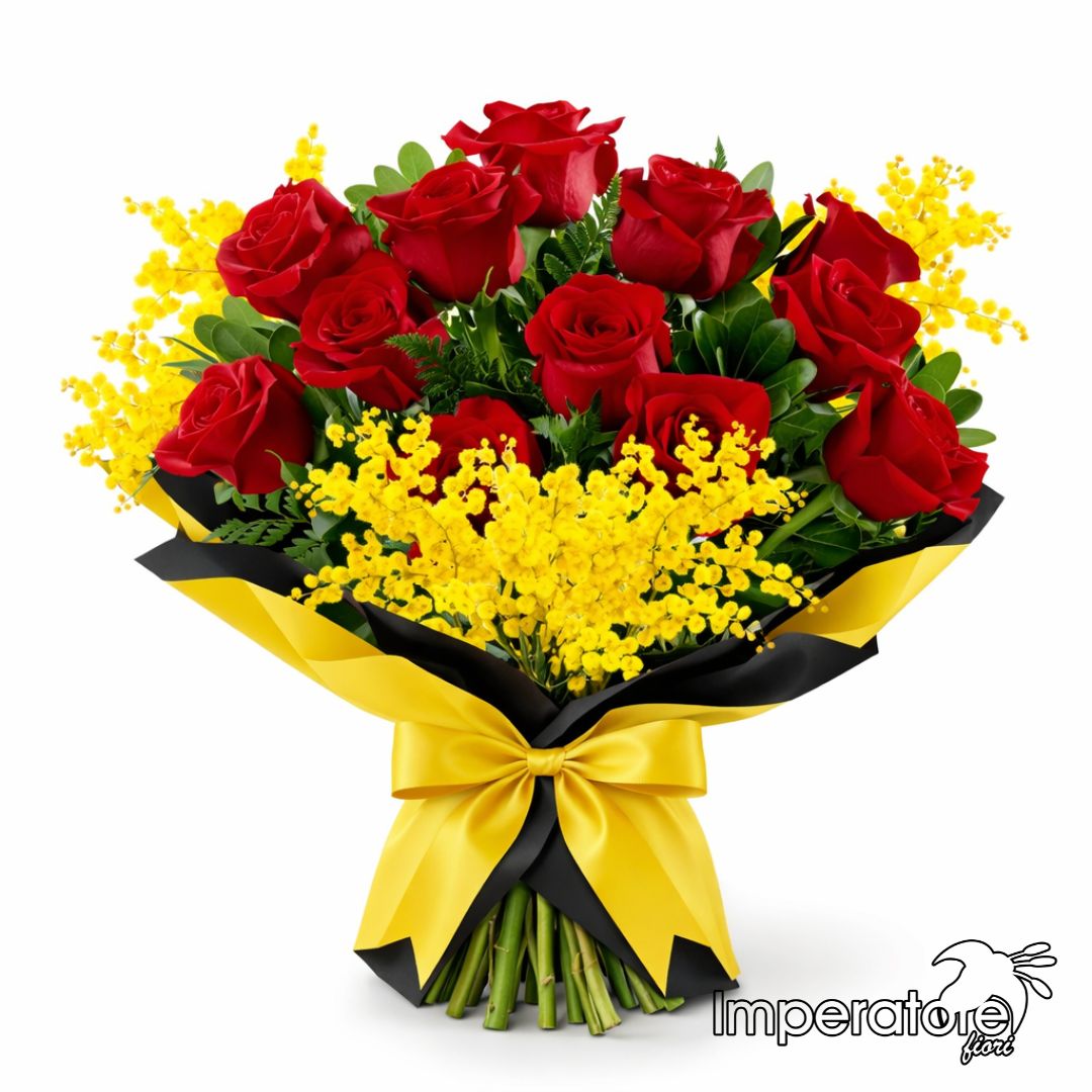 Bouquet con mimosa e rose rosse disponibile a Napoli